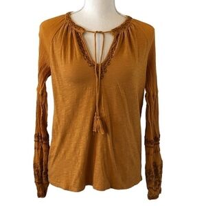 LUCKY BRAND Blouse Women's Size X-Small Gold Mustard Boho Embroidered VNeck Top